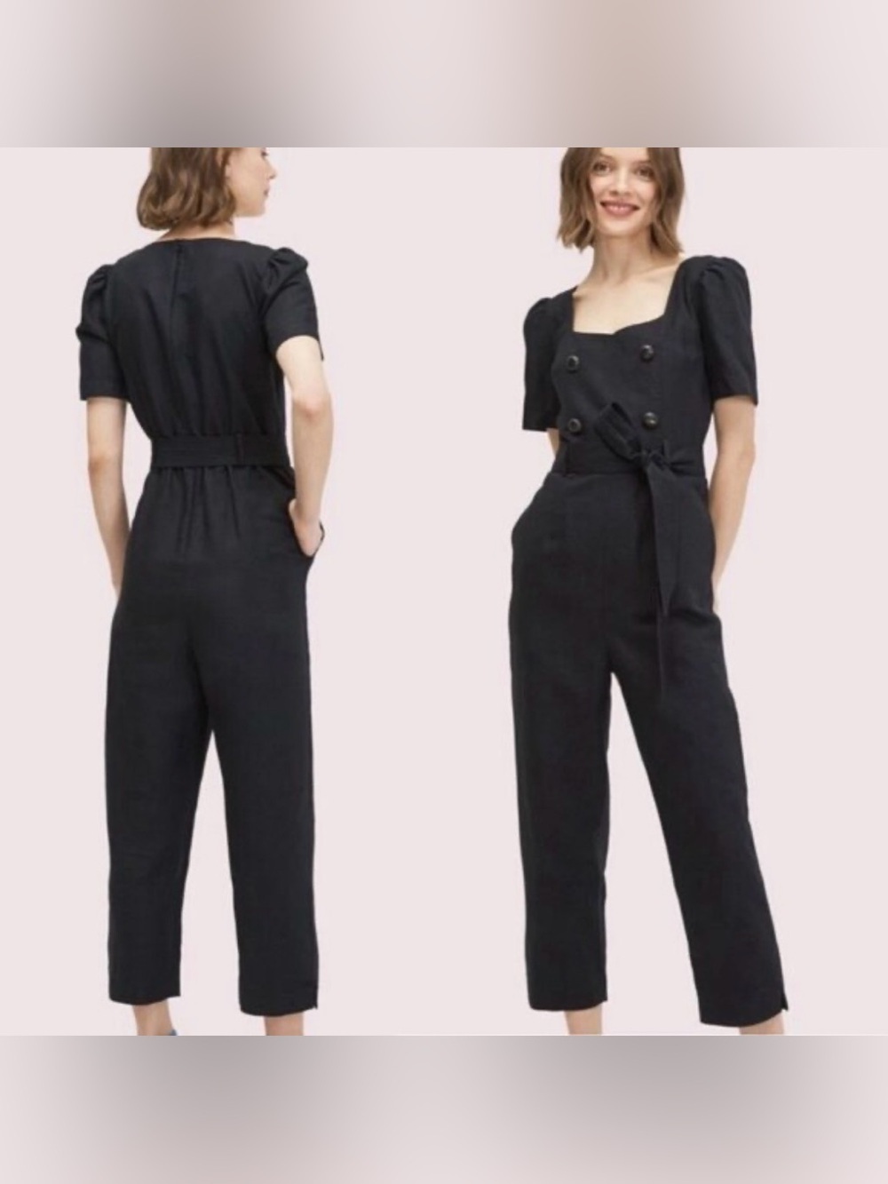 kate spade Black Double-Breasted Puff-Sleeve Jumpsuit